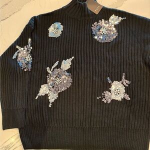 Fate Black Sweater with Sequin Floral Accents. NWT. Size XL